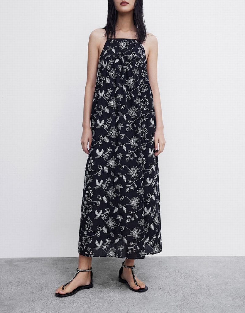 Black Women's Urban Revivo Floral Sleeveless Midi Dress | PLX8841IX