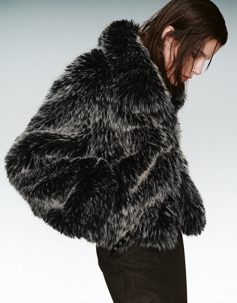 Black Women's Urban Revivo Fluffy Straight Coats | LSW1361TH