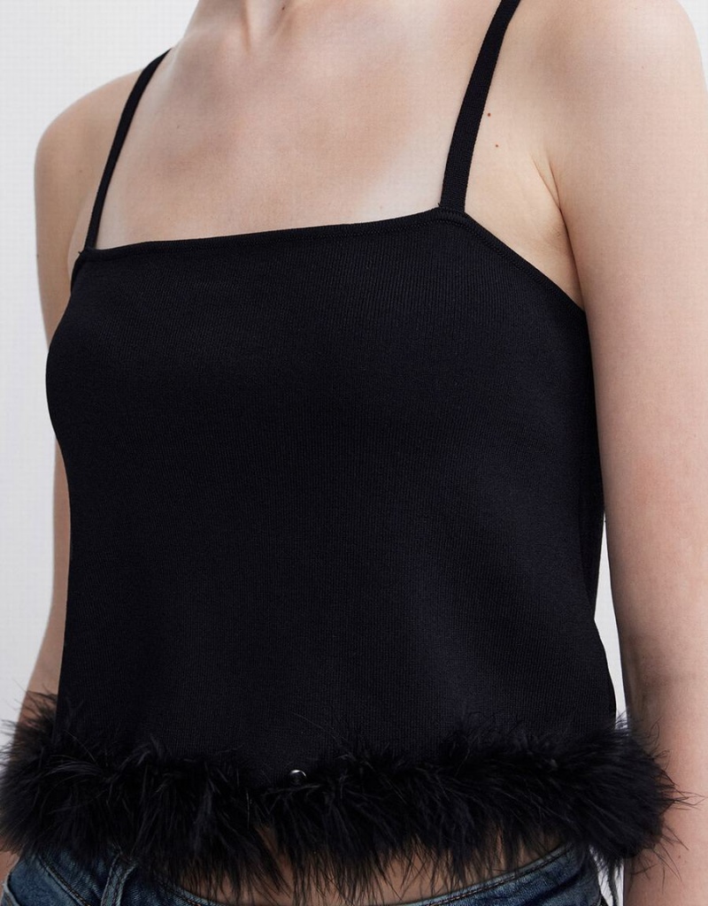 Black Women's Urban Revivo Fluffy Trim Knitted Cami Tank Top | FCP6217KI