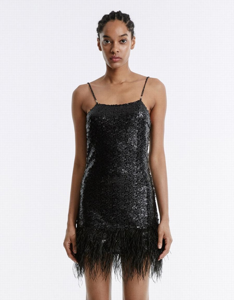 Black Women's Urban Revivo Frayed Hem Strappy With Sequins Dress | OBO9874BU