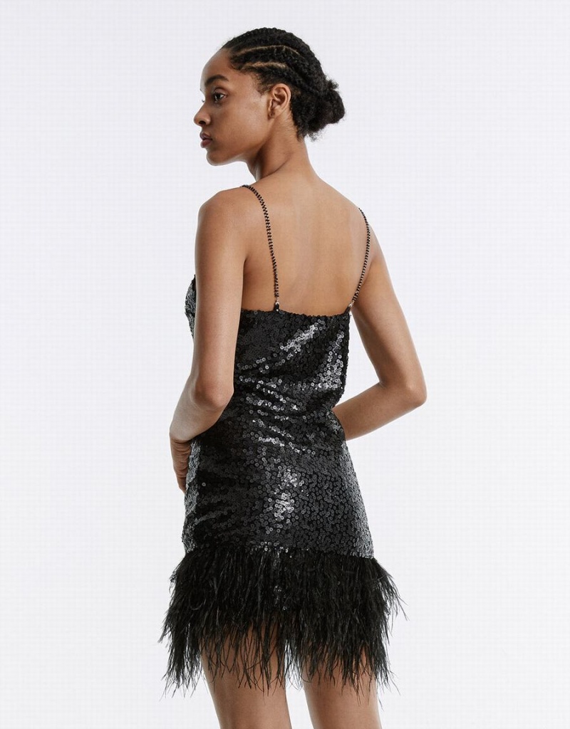 Black Women's Urban Revivo Frayed Hem Strappy With Sequins Dress | OBO9874BU