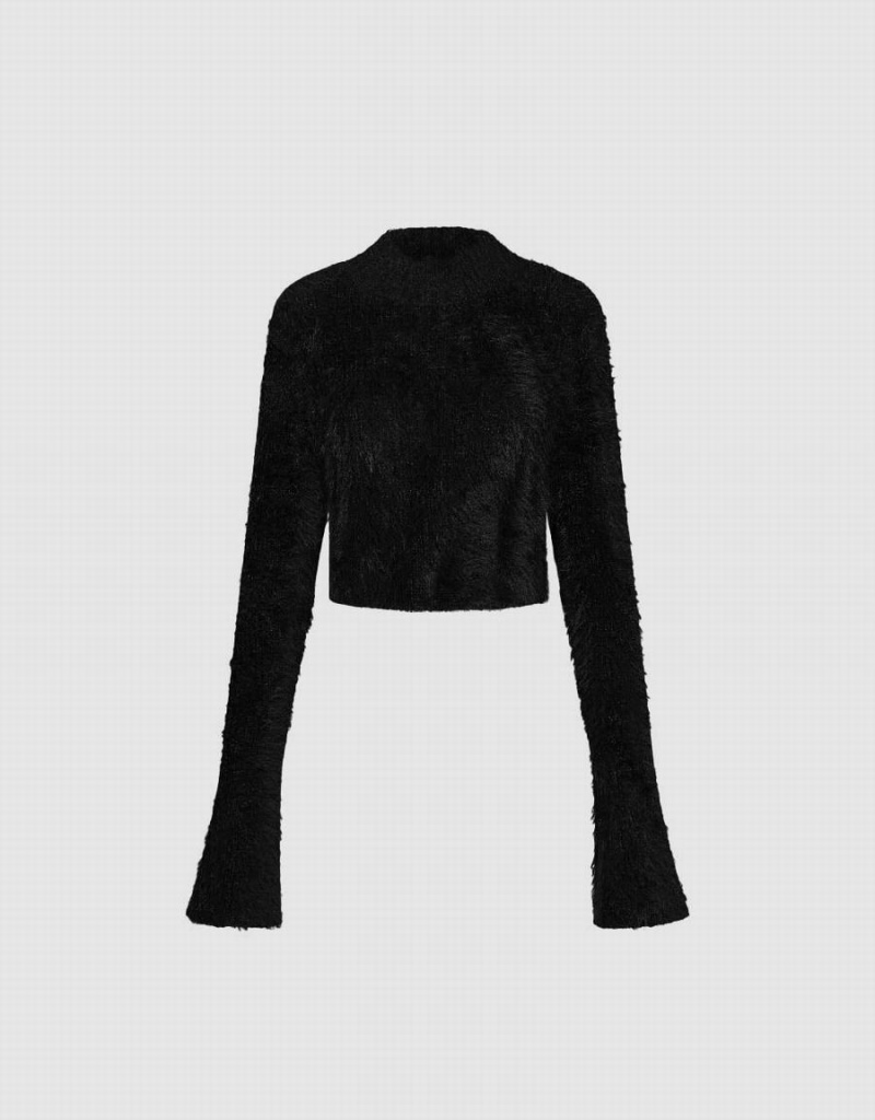 Black Women's Urban Revivo Furry Turtle Neck Knitted Cardigan | VFS8819EN