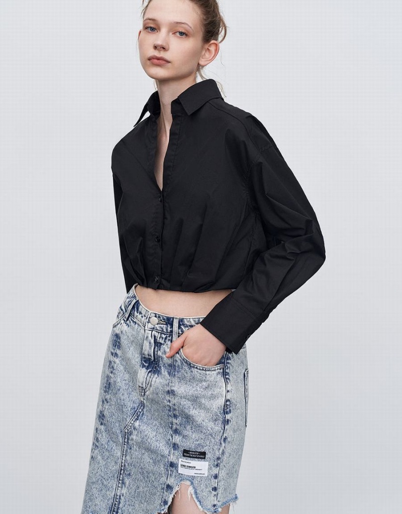 Black Women's Urban Revivo Gathered Waist Cropped Cotton Shirts | QVO421OJ