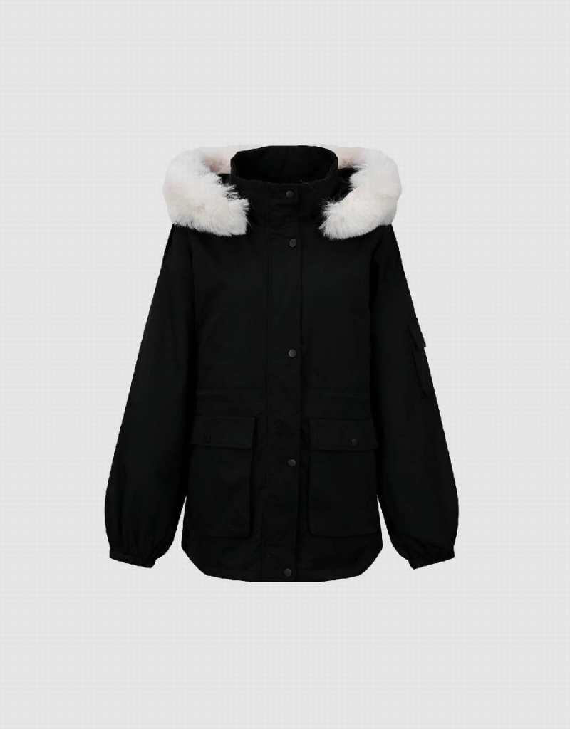 Black Women's Urban Revivo Hooded Padded With Furry Collar Coats | XNE2052PJ