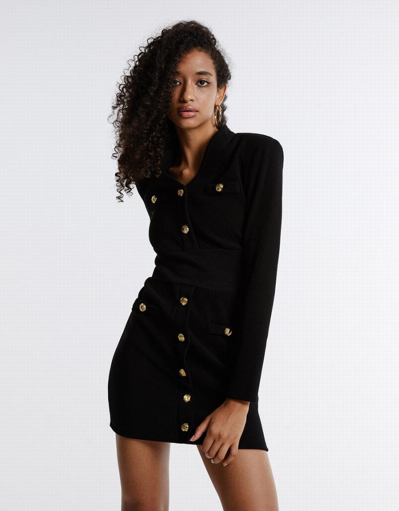 Black Women's Urban Revivo Knitted Tweed Dress | RCJ3450CN