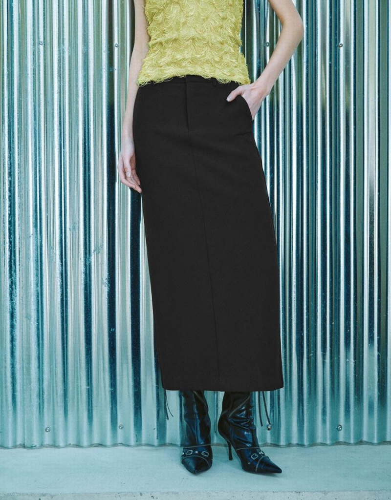 Black Women's Urban Revivo Midi Straight Skirts | OLV3699LR