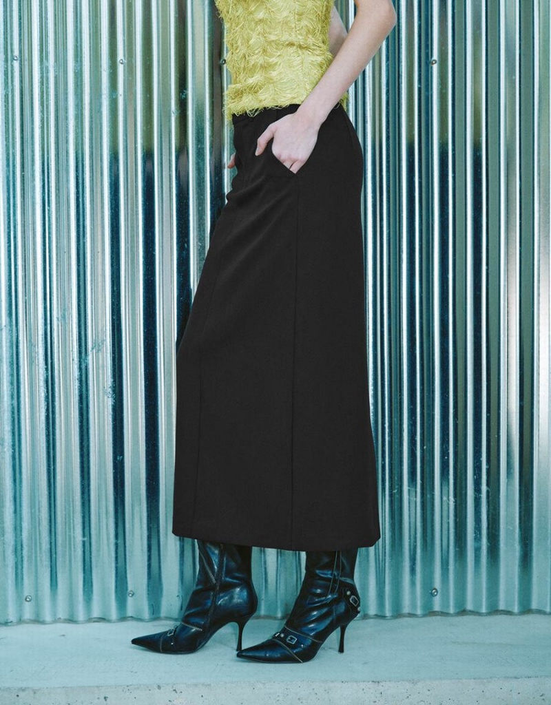 Black Women's Urban Revivo Midi Straight Skirts | OLV3699LR