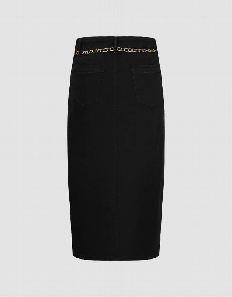 Black Women's Urban Revivo Midi Straight Denim With Chain Skirts | CFE688LS