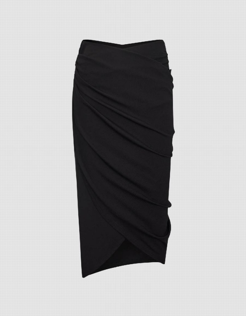 Black Women\'s Urban Revivo Midi Wrapped Fishtail Skirts | QQB4484PY