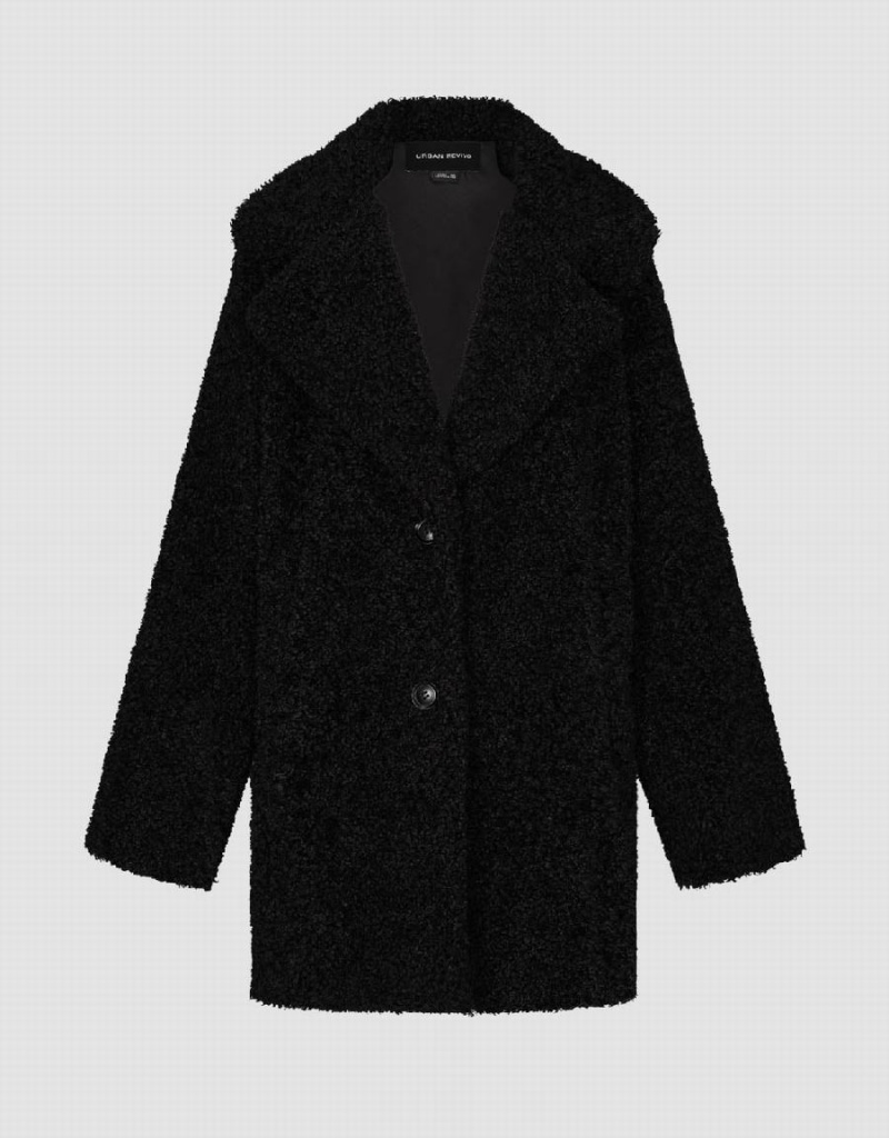 Black Women's Urban Revivo Notch Lapel Longline Furry Coats | FGL8433CJ