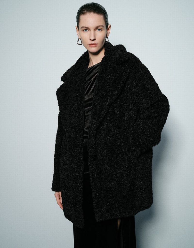 Black Women\'s Urban Revivo Notch Lapel Longline Furry Coats | FGL8433CJ