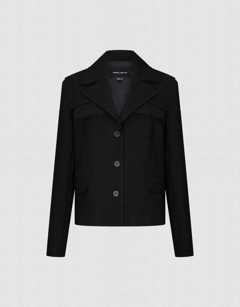 Black Women's Urban Revivo Notch Lapel Straight Blazers | TDT10043BP