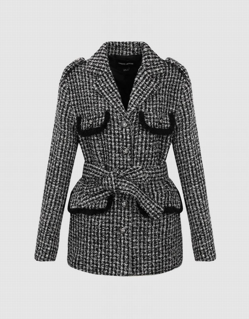 Black Women's Urban Revivo Notch Lapel Tweed With Belt Jackets | MNU3829VT