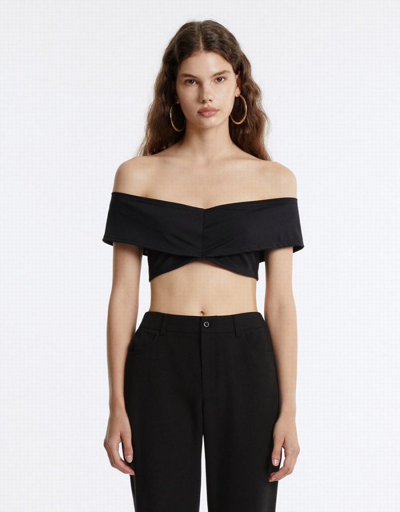 Black Women's Urban Revivo Off-Shoulder Cropped Top Bandeau | EFD359OH