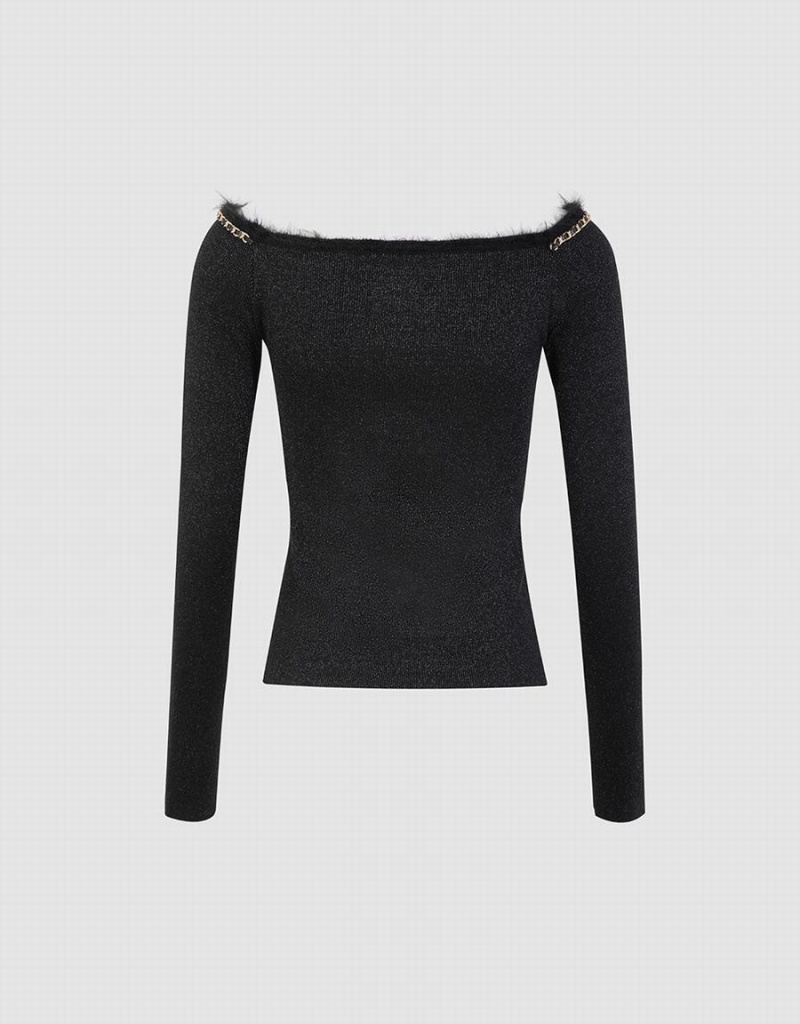 Black Women's Urban Revivo Off-Shoulder Knit Cardigan | NDD10075YQ