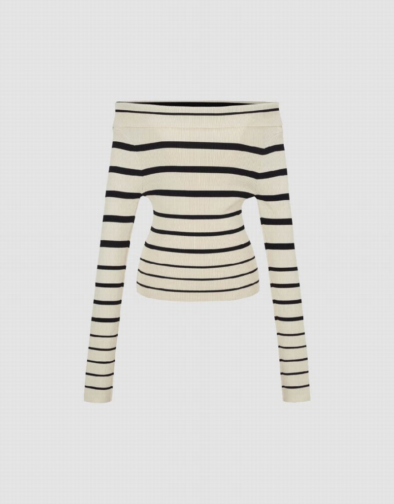 Black Women's Urban Revivo Off-Shoulder Striped Knitted Cardigan | DMU3324UQ