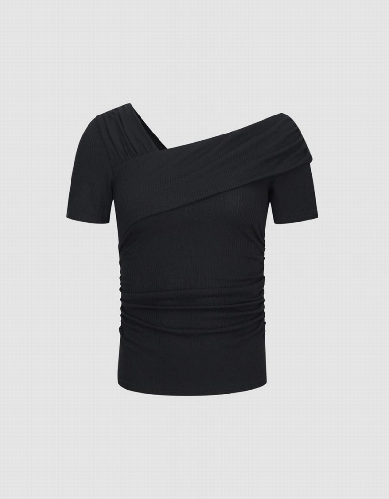 Black Women's Urban Revivo One Shoulder Skinny T Shirts | CBE7458JE