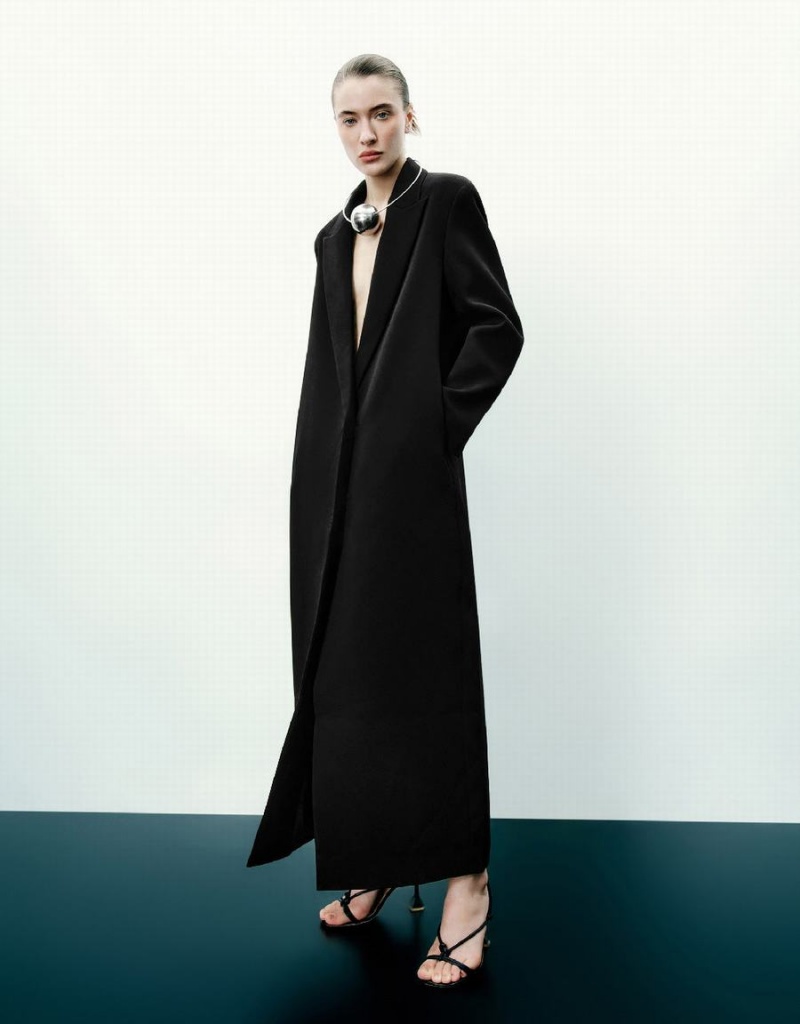 Black Women's Urban Revivo Peaked Lapel Long Coats | YIR6721NX