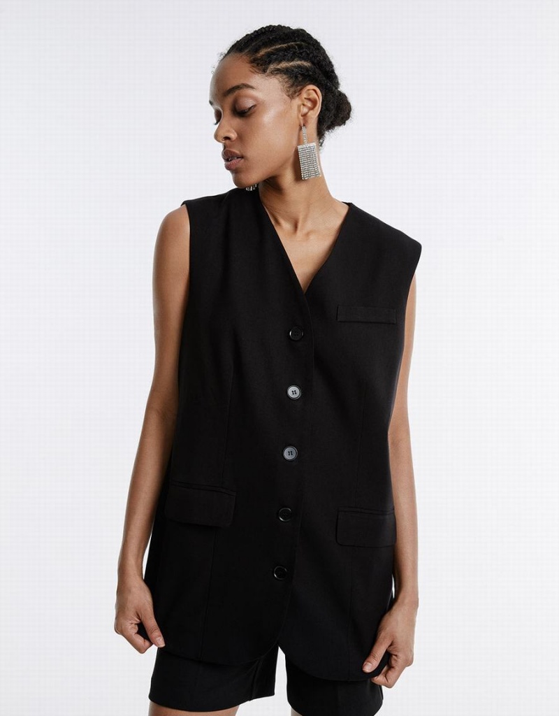 Black Women's Urban Revivo Plain Button Up Vest | KLM7513VD