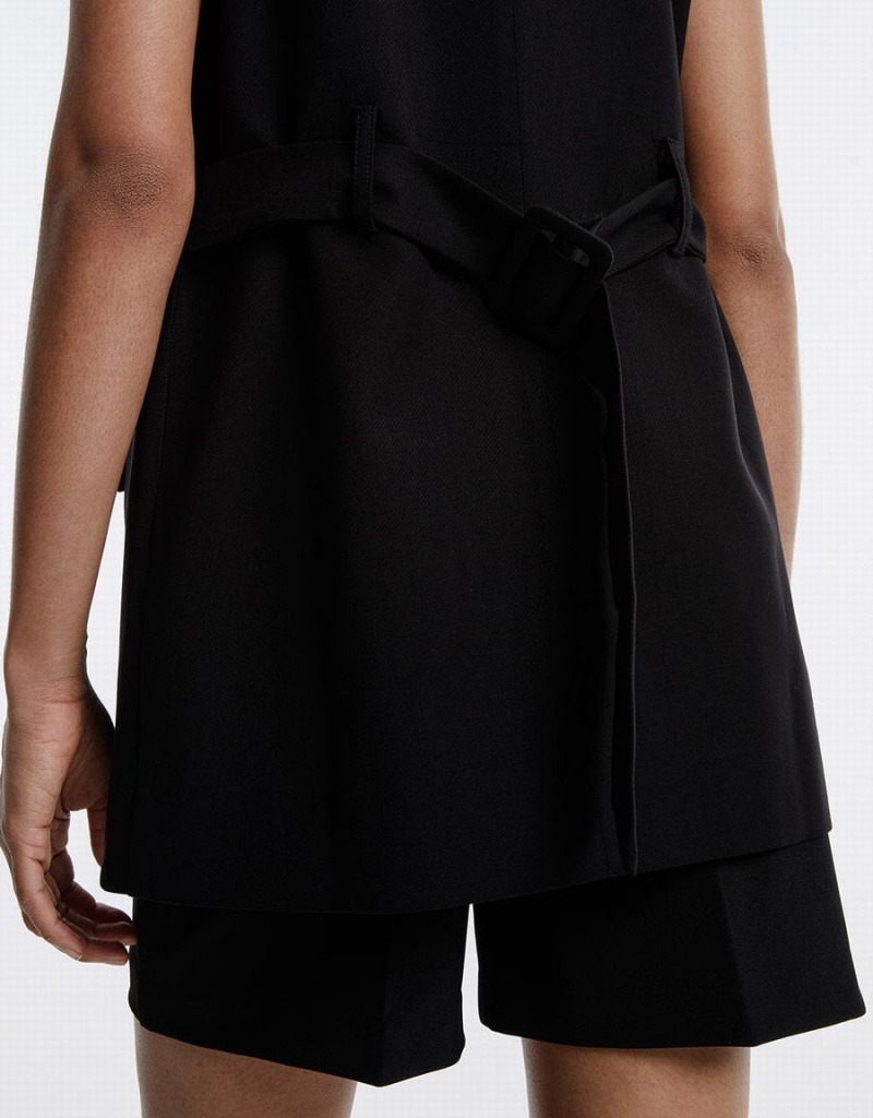 Black Women's Urban Revivo Plain Button Up Vest | KLM7513VD