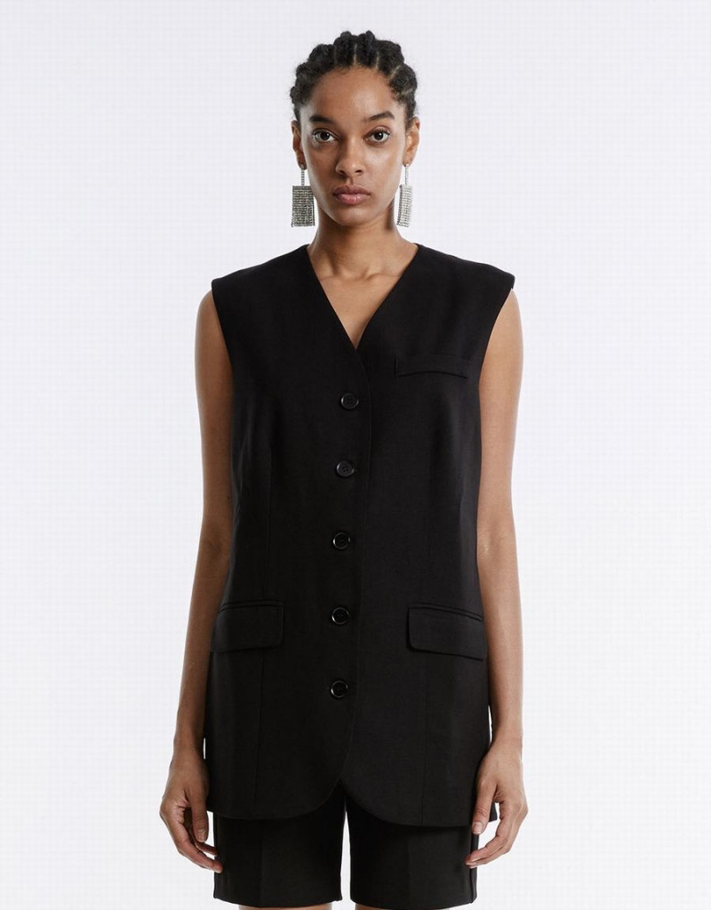 Black Women\'s Urban Revivo Plain Button Up Vest | KLM7513VD