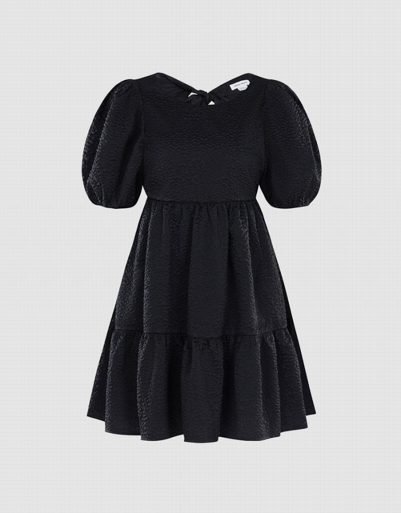 Black Women\'s Urban Revivo Plain Puff Sleeve Ruffle Hem Dress | FLS7652FS