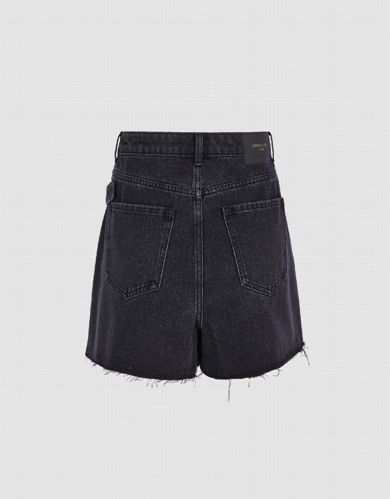 Black Women's Urban Revivo Pleated Denim With Belt Shorts | UIN9336HA