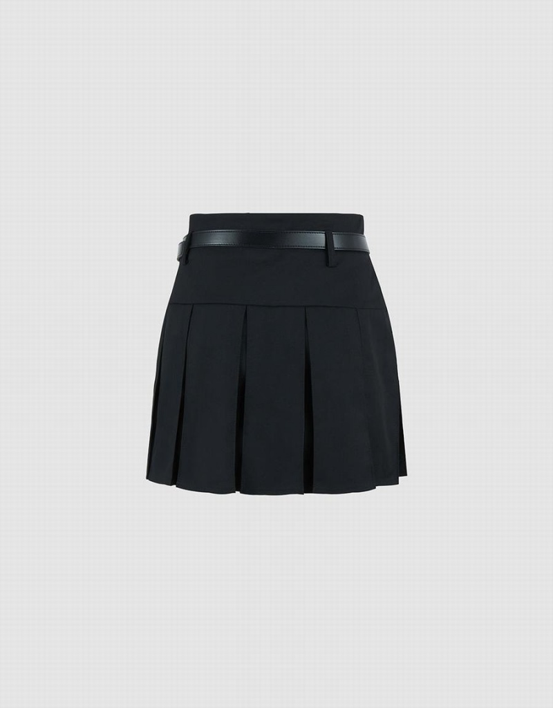 Black Women's Urban Revivo Pleated Mini A-Line With Belt Skirts | DHD5436KR