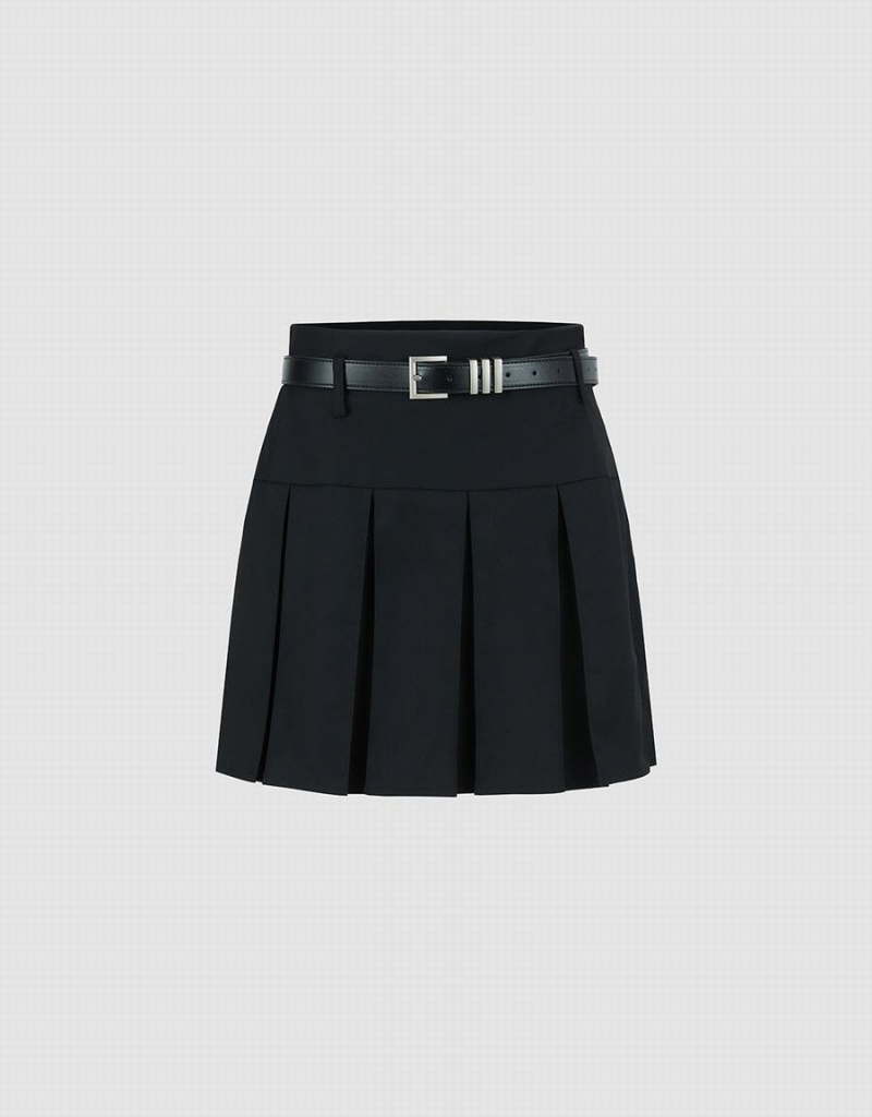 Black Women\'s Urban Revivo Pleated Mini A-Line With Belt Skirts | DHD5436KR