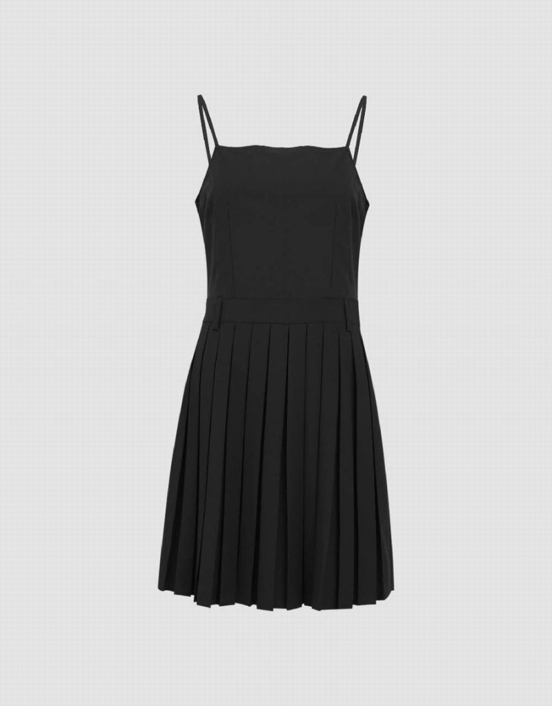 Black Women's Urban Revivo Pleated Square-cut Collar Straight Cami Dress | WPW7029TB