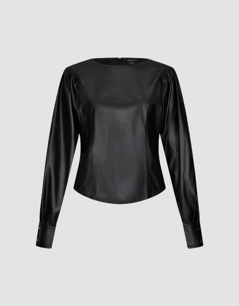 Black Women's Urban Revivo Puff Sleeve Vegan Leather Overhead Blouse | GRW8370PD