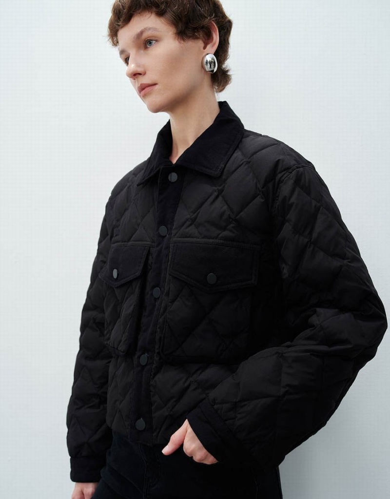 Black Women's Urban Revivo Quilted Straight Down Jackets | KJQ637JC