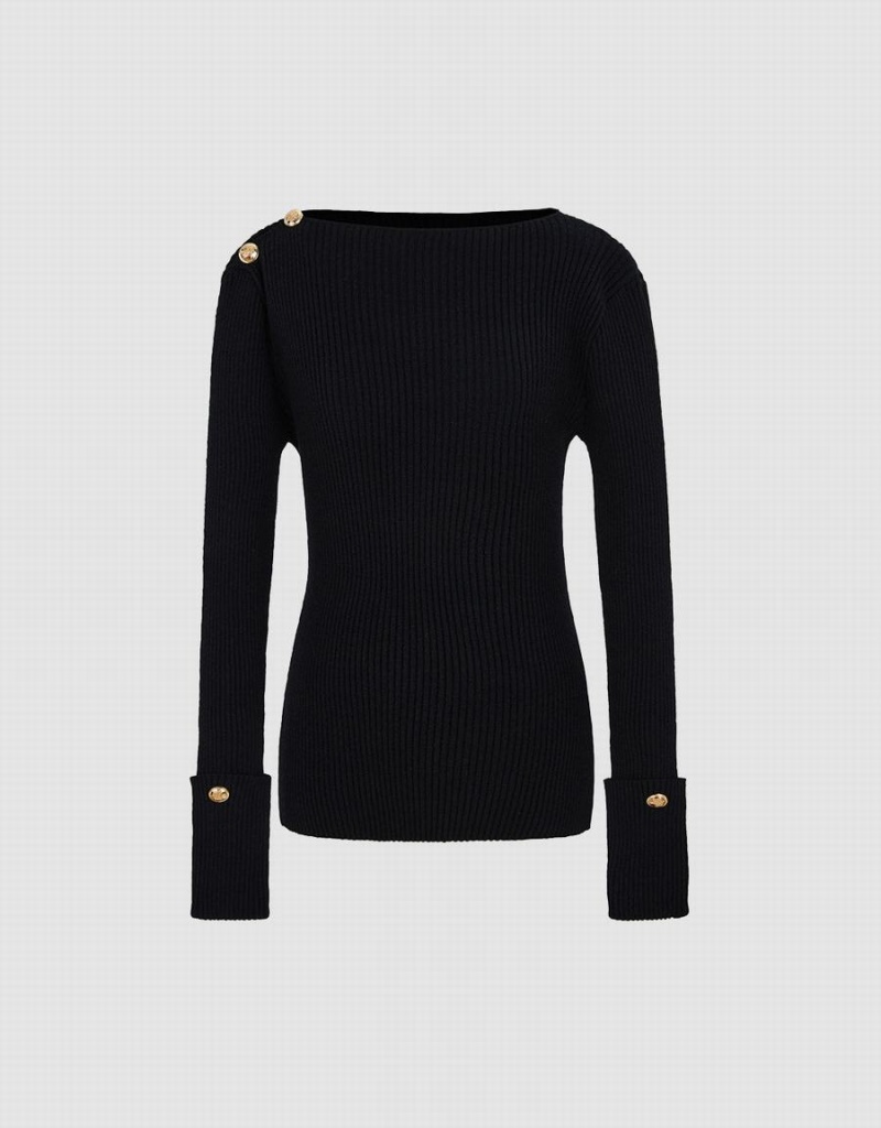 Black Women's Urban Revivo Rib Knit Sweaters | FQE7279CQ