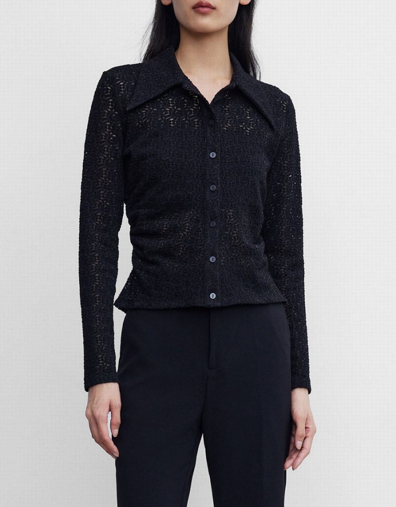 Black Women's Urban Revivo Ruched Button Up Fitted Shirts | TUA6418IV