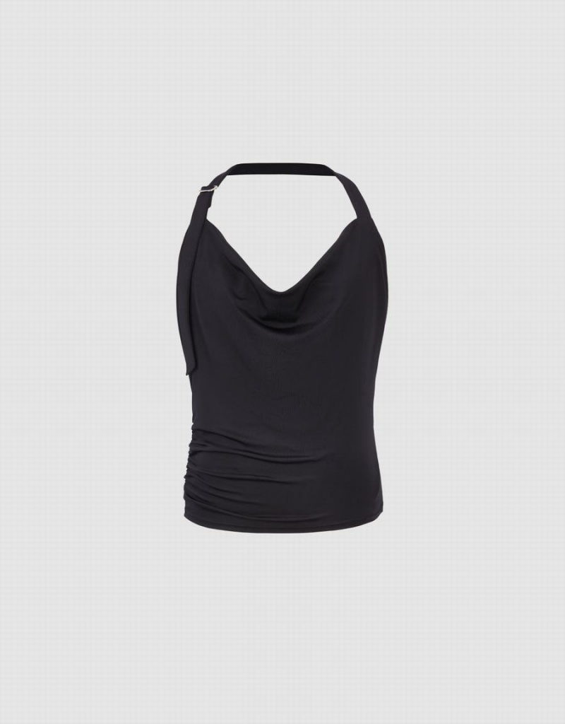 Black Women's Urban Revivo Ruched Cowl Neck Tank Top | GSE3563WX