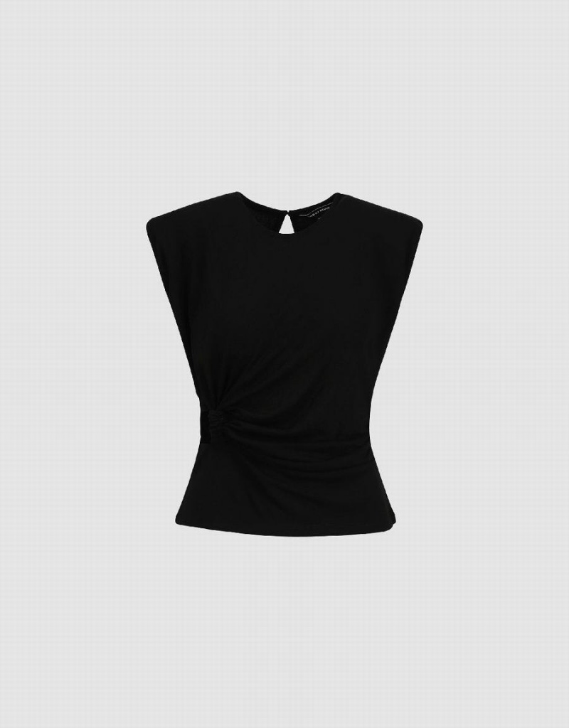 Black Women's Urban Revivo Ruched Crew Neck T Shirts | POE8794AM