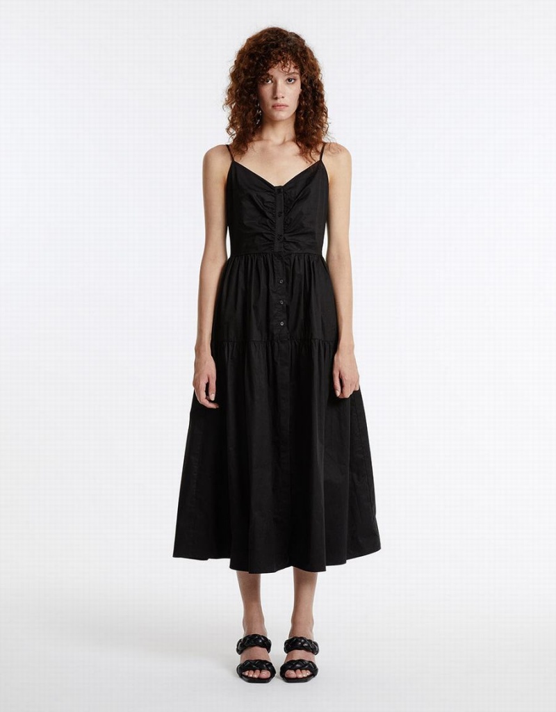 Black Women's Urban Revivo Ruched Neckline Tiered Dress | TNQ1598KH