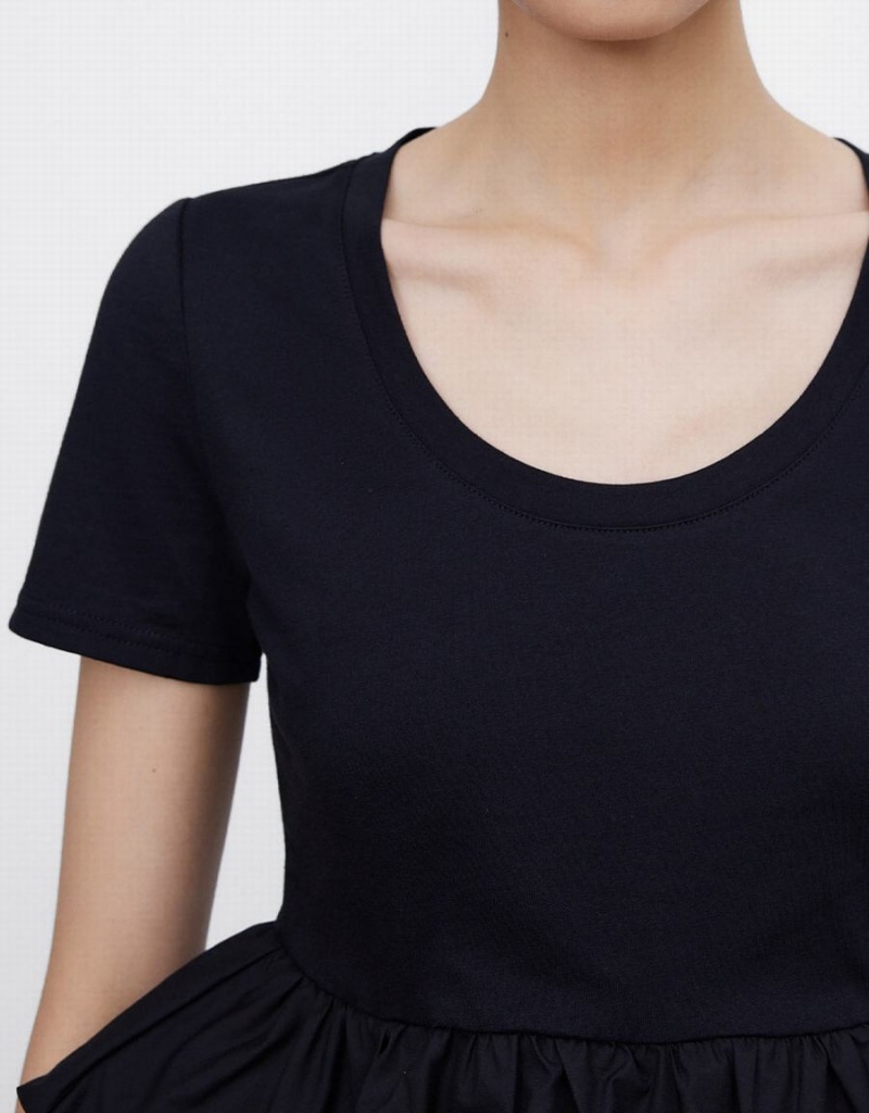 Black Women's Urban Revivo Ruffle Hem T Shirts | OZG2047YE