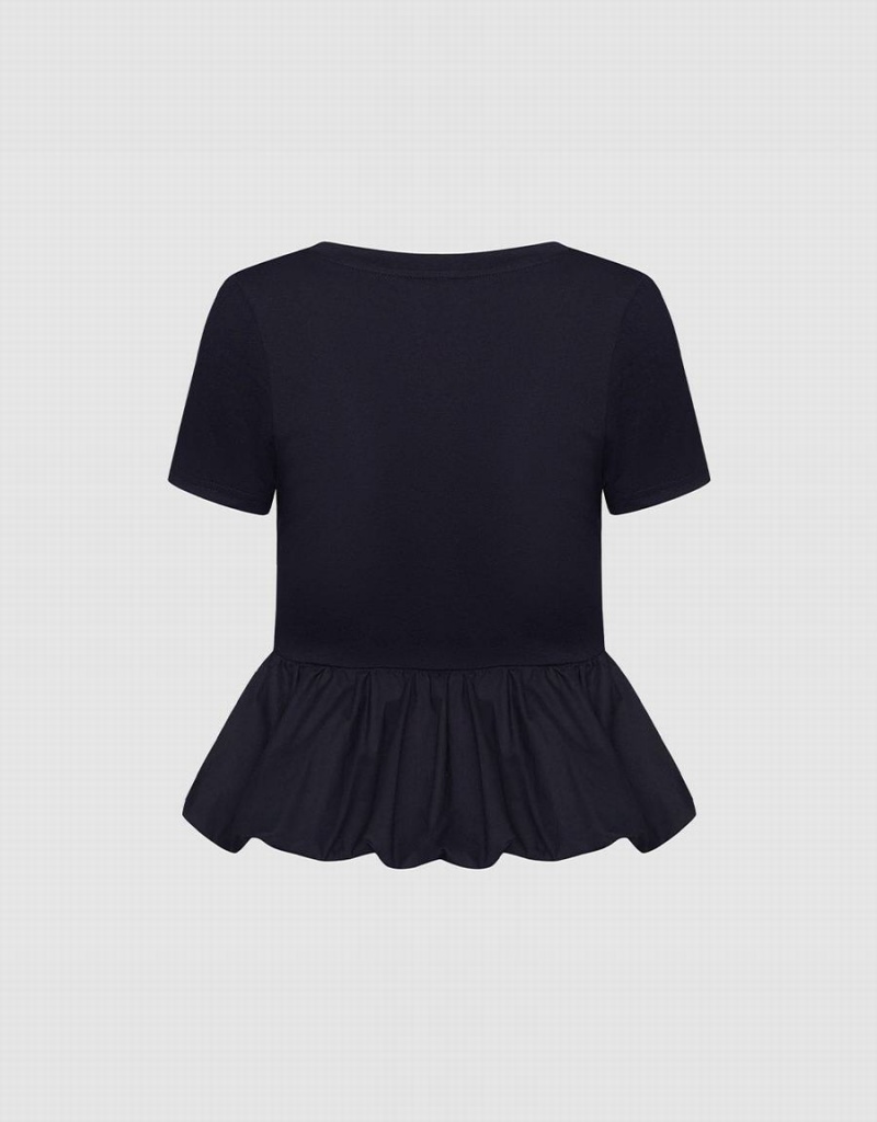 Black Women's Urban Revivo Ruffle Hem T Shirts | OZG2047YE