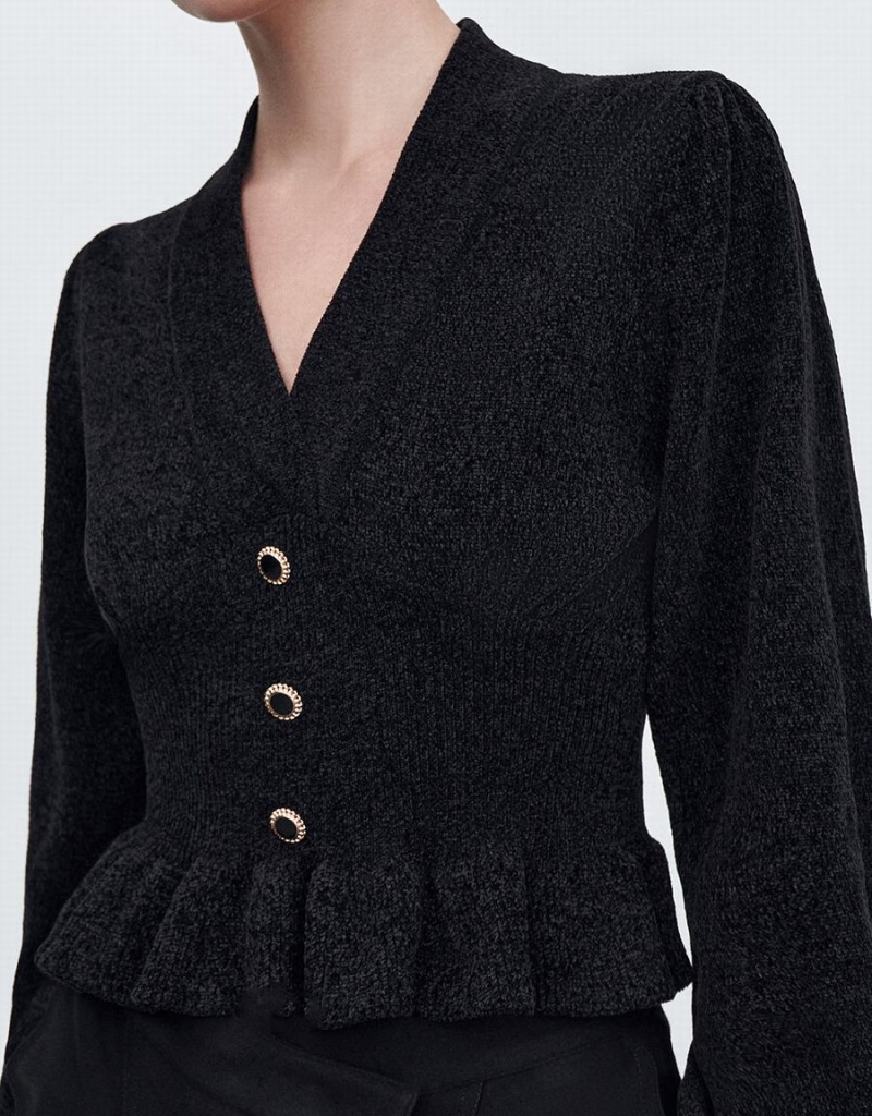 Black Women's Urban Revivo Ruffle Knitted Top Cardigan | FYU8765NK