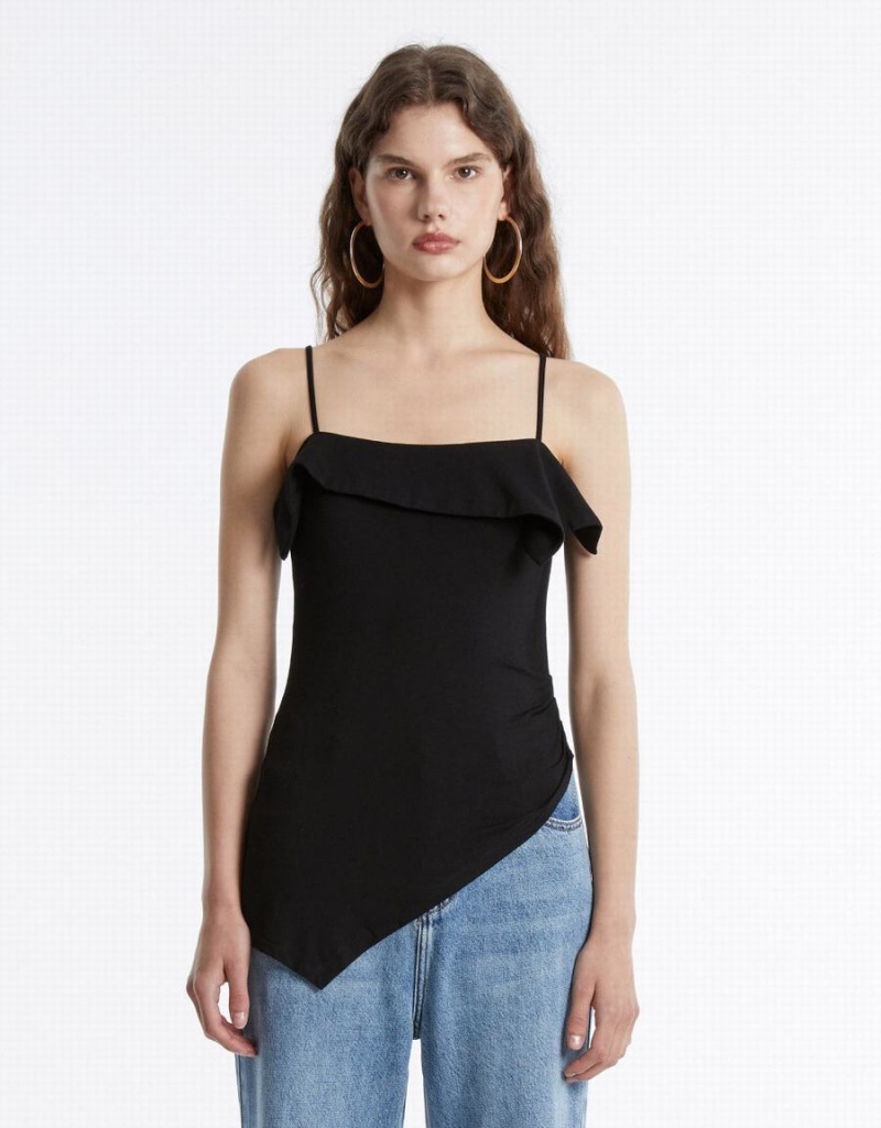 Black Women's Urban Revivo Ruffled Asymmetric Tank Top | NSW4535LZ