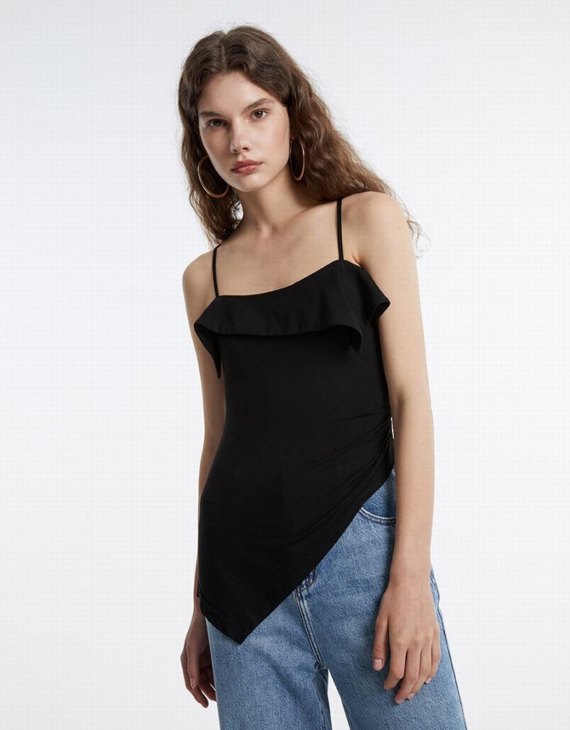 Black Women\'s Urban Revivo Ruffled Asymmetric Tank Top | NSW4535LZ