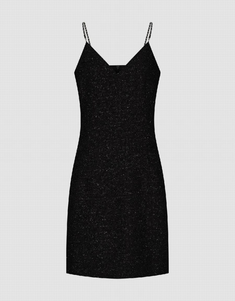 Black Women's Urban Revivo Sleeveless Tweed V-Neck Straight Dress | ERT1067QY