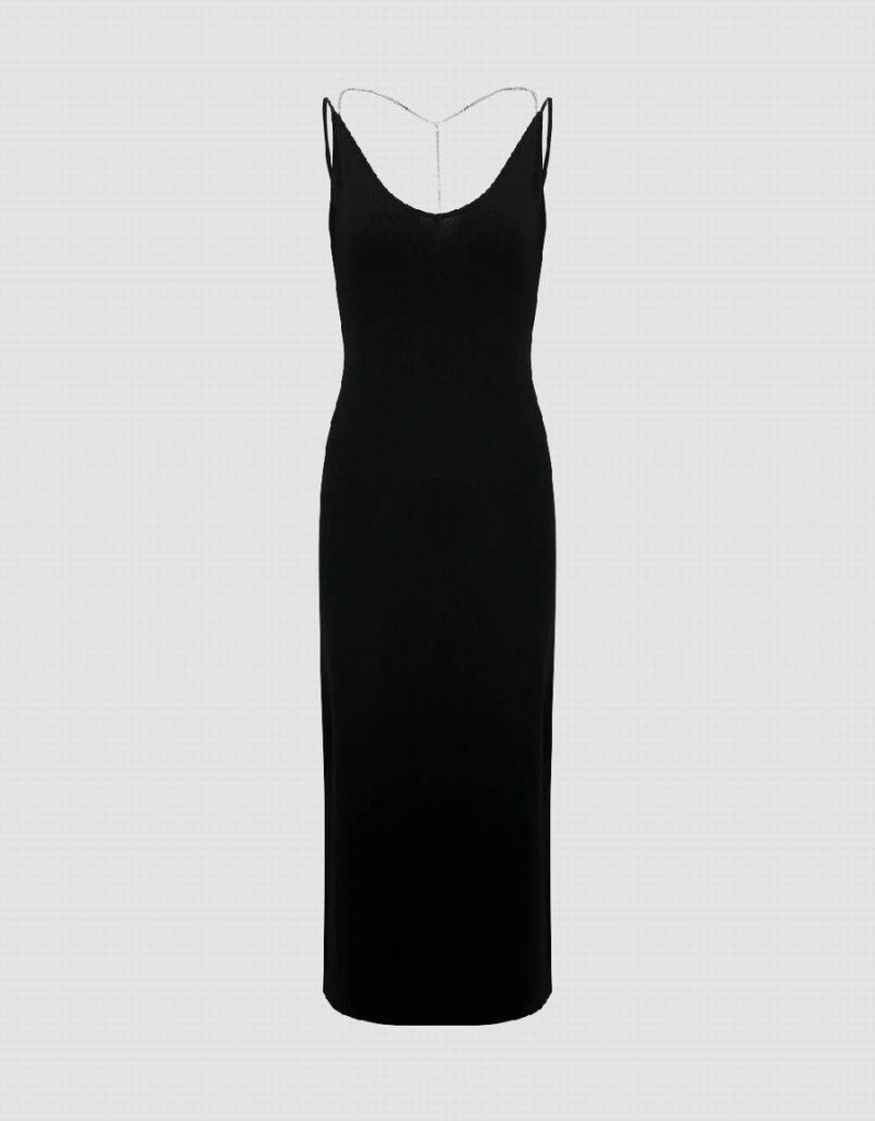 Black Women's Urban Revivo Sleeveless V-Neck Knitted Dress | QOY8014LA