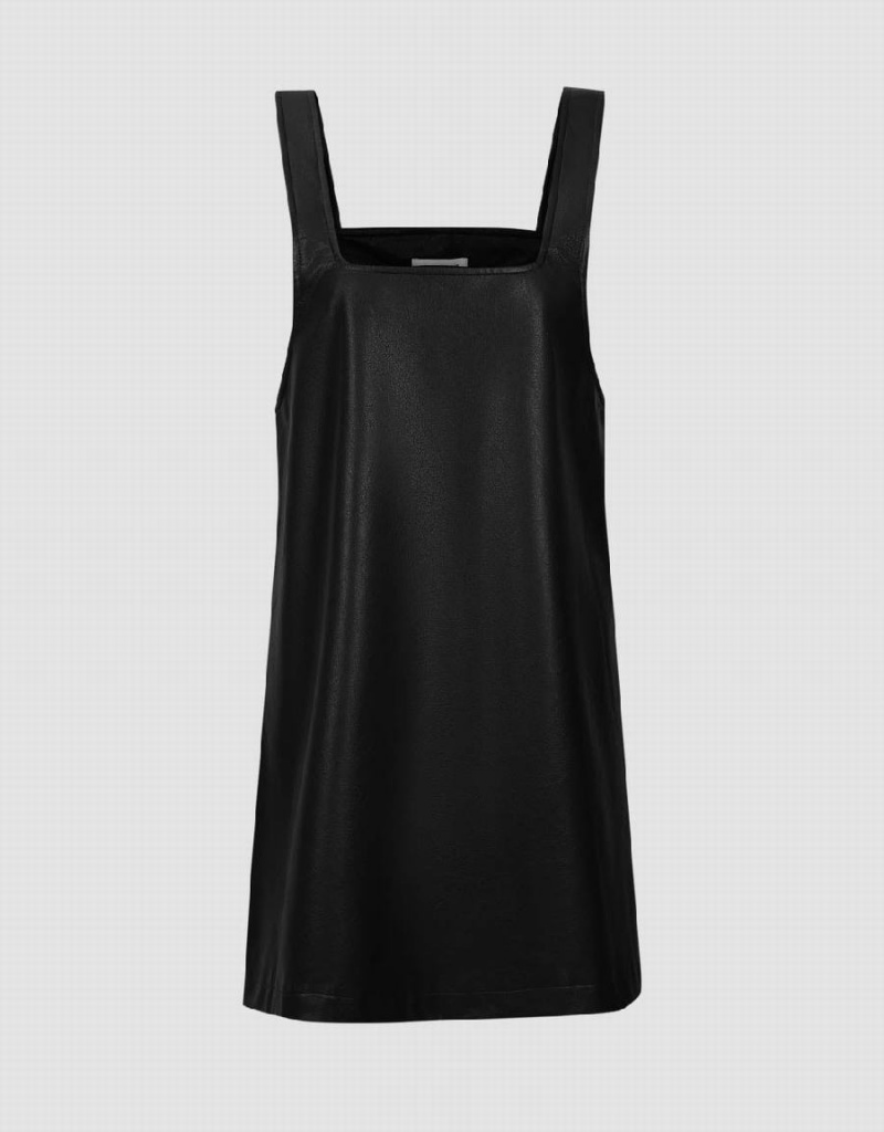 Black Women's Urban Revivo Sleeveless Vegan Leather A-Line Dress | ZTL4081LU