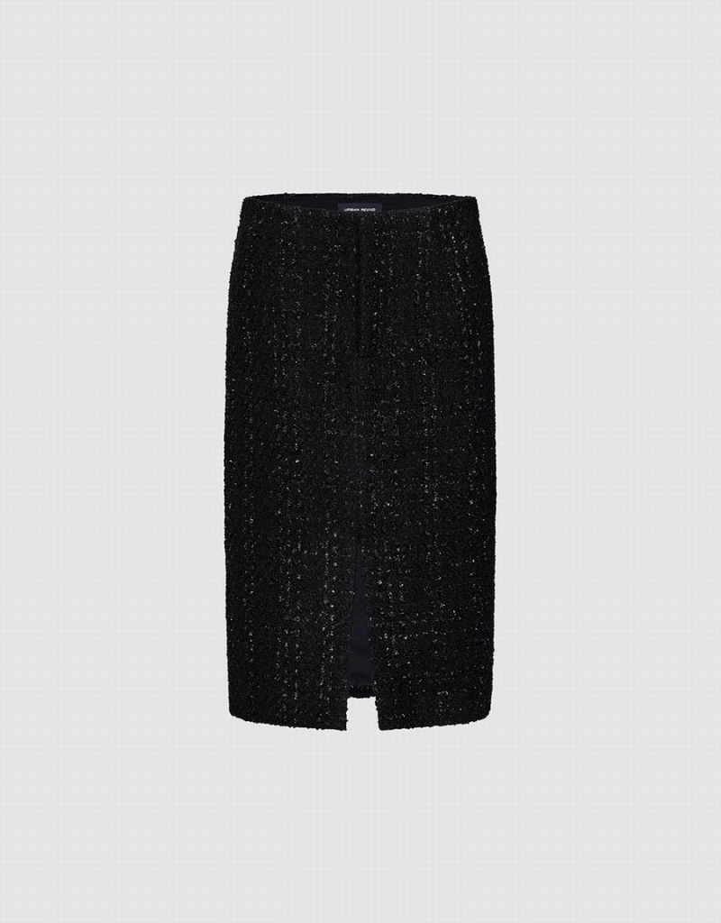 Black Women\'s Urban Revivo Split Hem Tweed Straight Skirts | KAQ860JX