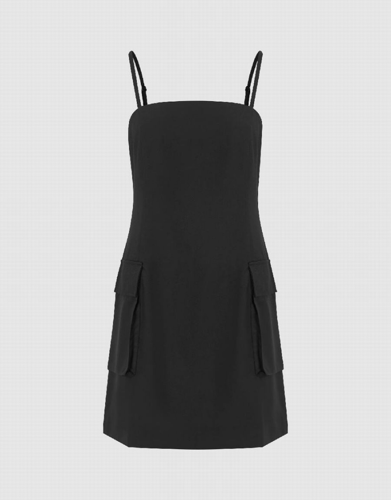 Black Women\'s Urban Revivo Square-Cut Collar Skater Cami Dress | LUJ8162OI