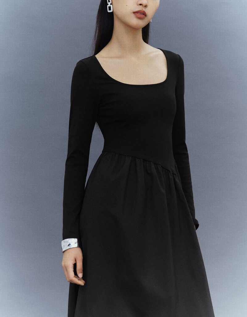 Black Women's Urban Revivo Square Neck Knitted A-Line Dress | FYE4485ZZ