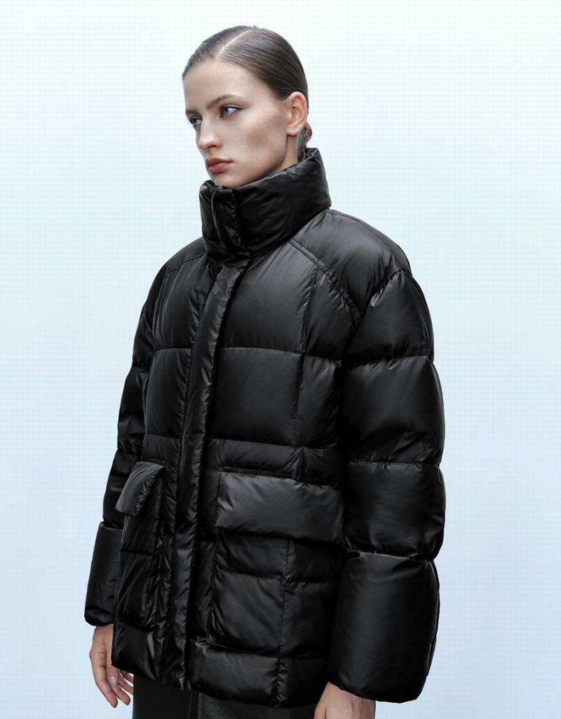 Black Women's Urban Revivo Stand Collar Puffer Jacket | QRV6638JV