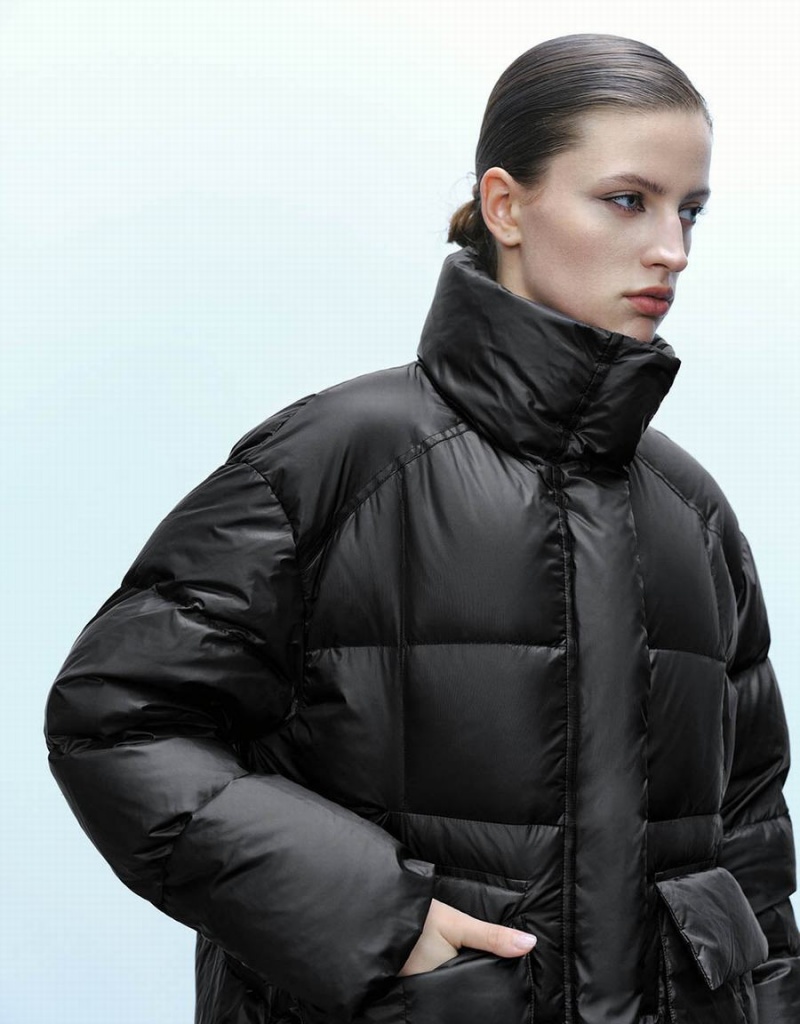 Black Women's Urban Revivo Stand Collar Puffer Jacket | QRV6638JV